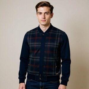 Ted Baker London Mens Small Wool Blend Plaid Full Zip Jacket Navy Blue Size 4